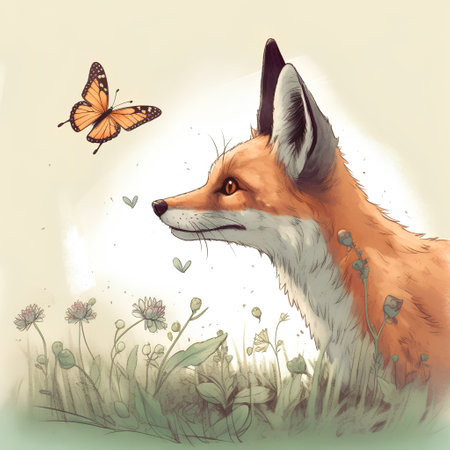 Vintage hand drawn illustration of a red fox with a butterfly.の素材