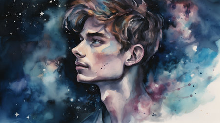 Young man in the universe. Digital collage with watercolor effect.の素材
