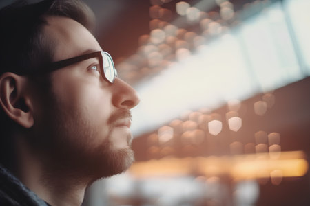 Portrait of a handsome young man in glasses in the interior of the buildingの素材