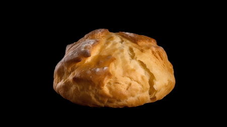 One fresh baked profiterole on a black background, close-upの素材