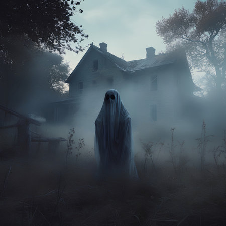 Halloween background with ghost and old house in foggy forest.の素材