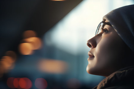 Young woman wearing a hoodie and looking away in a city.の素材