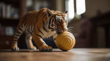 Close up of a tiger playing with a ball in the living roomの素材