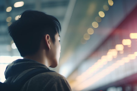 Asian man in the train station, back view, defocused backgroundの素材