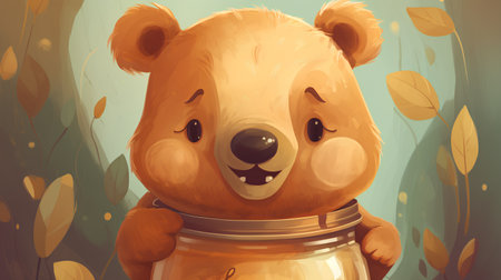 Cute cartoon bear in a jar of honey. Vector illustration.の素材