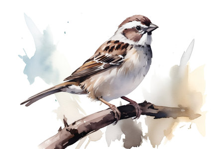 Watercolor sparrow on a branch. Hand-drawn illustration.の素材