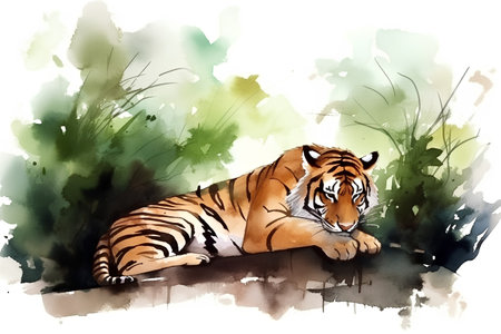 Watercolor illustration of a tiger lying on the ground. Vector illustration.の素材