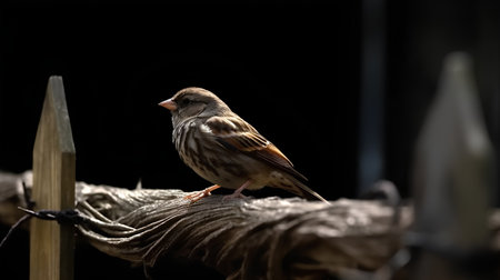 Sparrow perched on a wooden fence against a black background.の素材