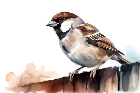 Hand drawn watercolor illustration of a sparrow on a fence.の素材