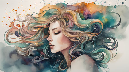 Beautiful young woman with long curly hair. Watercolor illustration.の素材