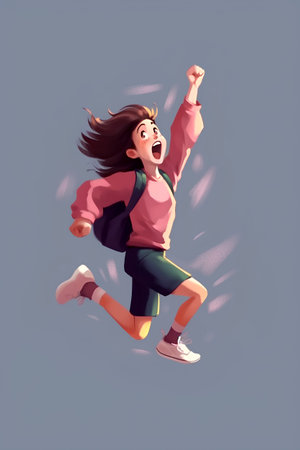 Young girl jumping in the air. Illustration in retro style.の素材