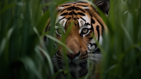 Close up of a tiger looking through a field of tall grass.の素材