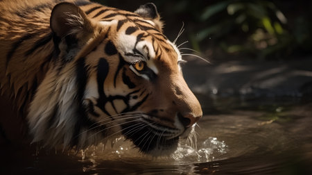 Close-up of a tiger in a waterhole, Panthera tigris altaicaの素材