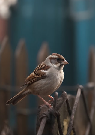 Sparrow on fence in the garden. Selective focus.の素材