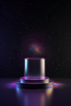 Abstract 3d rendering of empty pedestal or platform with colorful lights and sparklesの素材