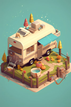 3d isometric camper van on the meadow, vector illustrationの素材