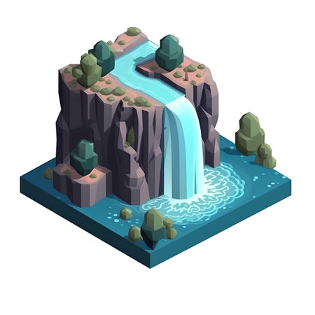 Isometric waterfall on the rock in the forest. Vector illustration.の素材