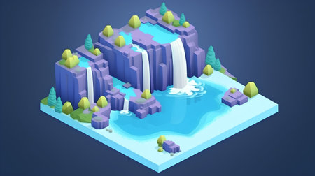 isometric 3d illustration of waterfall and forest on a blue backgroundの素材
