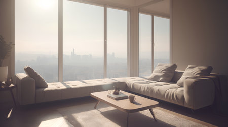 Modern living room interior with sofa, coffee table and city view. 3D Renderingの素材