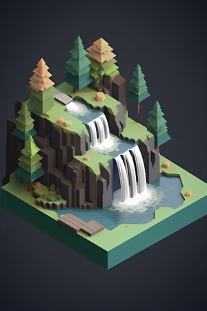 Waterfall in the forest. 3d isometric vector illustration.の素材