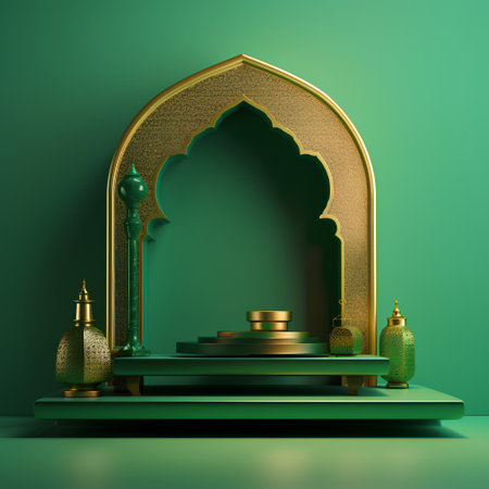 3d render of minimal display podium for product presentation. Minimalist pedestal or platform with golden arabic pattern.の素材