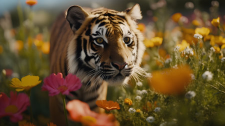 Close-up of a tiger in a flower meadow with orange flowersの素材