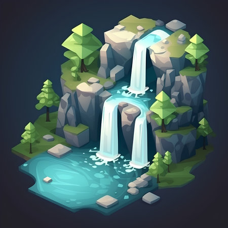 Waterfall in the forest. Vector illustration in a cartoon style.の素材