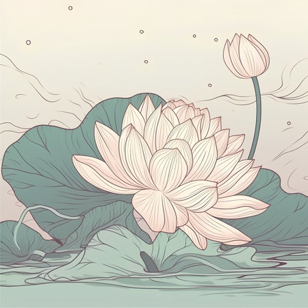 Lotus flower. Hand drawn vector illustration with water lily.の素材