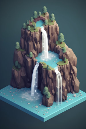 waterfall in the forest, isometric 3d render, vector illustrationの素材