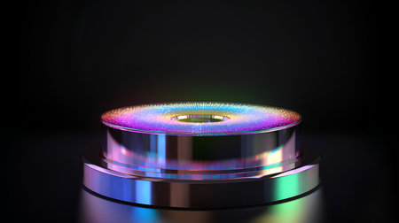 3d render, abstract background with colorful neon lights, round podiumの素材