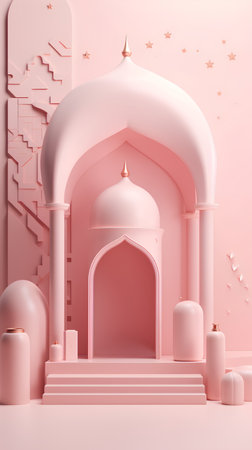 3d render of podium for product presentation in minimal style with arabic arch. Minimal background.の素材