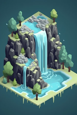 Waterfall in the forest, isometric 3d vector illustration.の素材