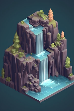 illustration of waterfall in isometric view on dark blue background.の素材