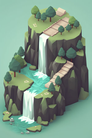Waterfall in the forest. 3d isometric vector illustration.の素材