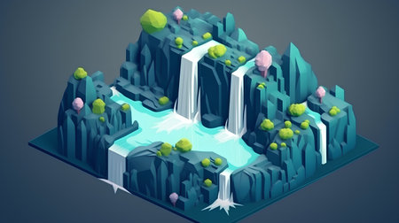 isometric 3d landscape with waterfalls and mountains, vector illustrationの素材