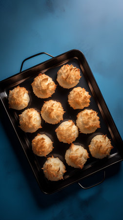 Baking tray with cookies on a blue background. Top view.の素材