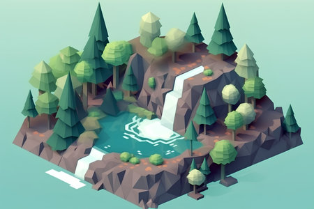 Isometric landscape with river and forest. Vector illustration. Eps 10の素材