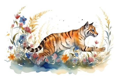Watercolor illustration of a tiger in the meadow with flowers.の素材