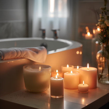 Burning candles in bathroom. Hygge and spa concept.の素材