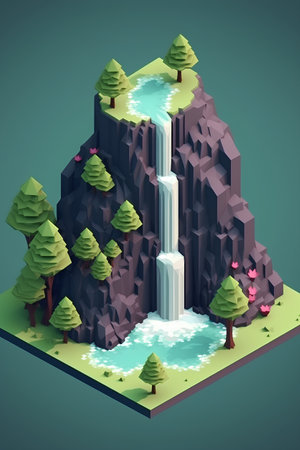 isometric nature landscape with waterfall and forest on top of the mountainの素材