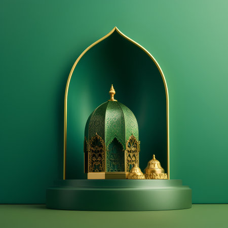 3d render of Ramadan Kareem greeting card with mosque and golden lanternの素材