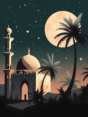 Illustration of a mosque and palm trees at night with full moonの素材