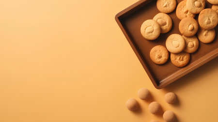 Cookies in wooden tray on orange background. Top view with copy spaceの素材