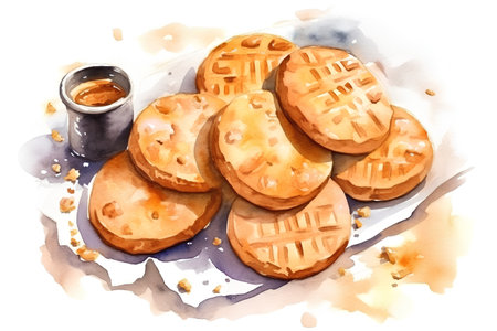 Watercolor illustration of a pile of round cookies and a cup of coffeeの素材