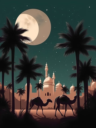 Camel caravan in front of the mosque at night, vector illustrationの素材