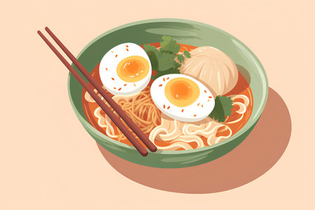 Ramen noodle soup with egg in bowl and chopsticks vector illustration.の素材