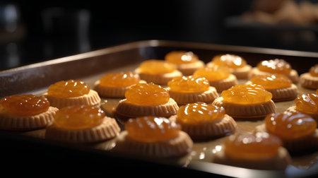 Baking tray with sweet marmalade on table, closeupの素材