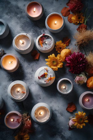 Burning candles, autumn flowers and leaves on a stone background.の素材