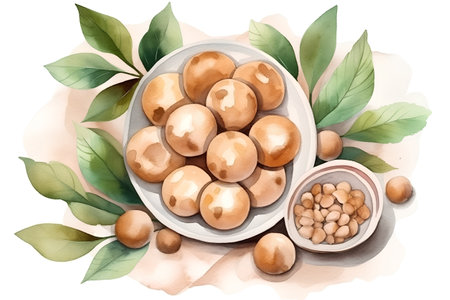 watercolor illustration of macadamia nuts on a white background.の素材