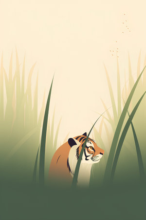 Illustration of a tiger in the grass with a bamboo in the backgroundの素材